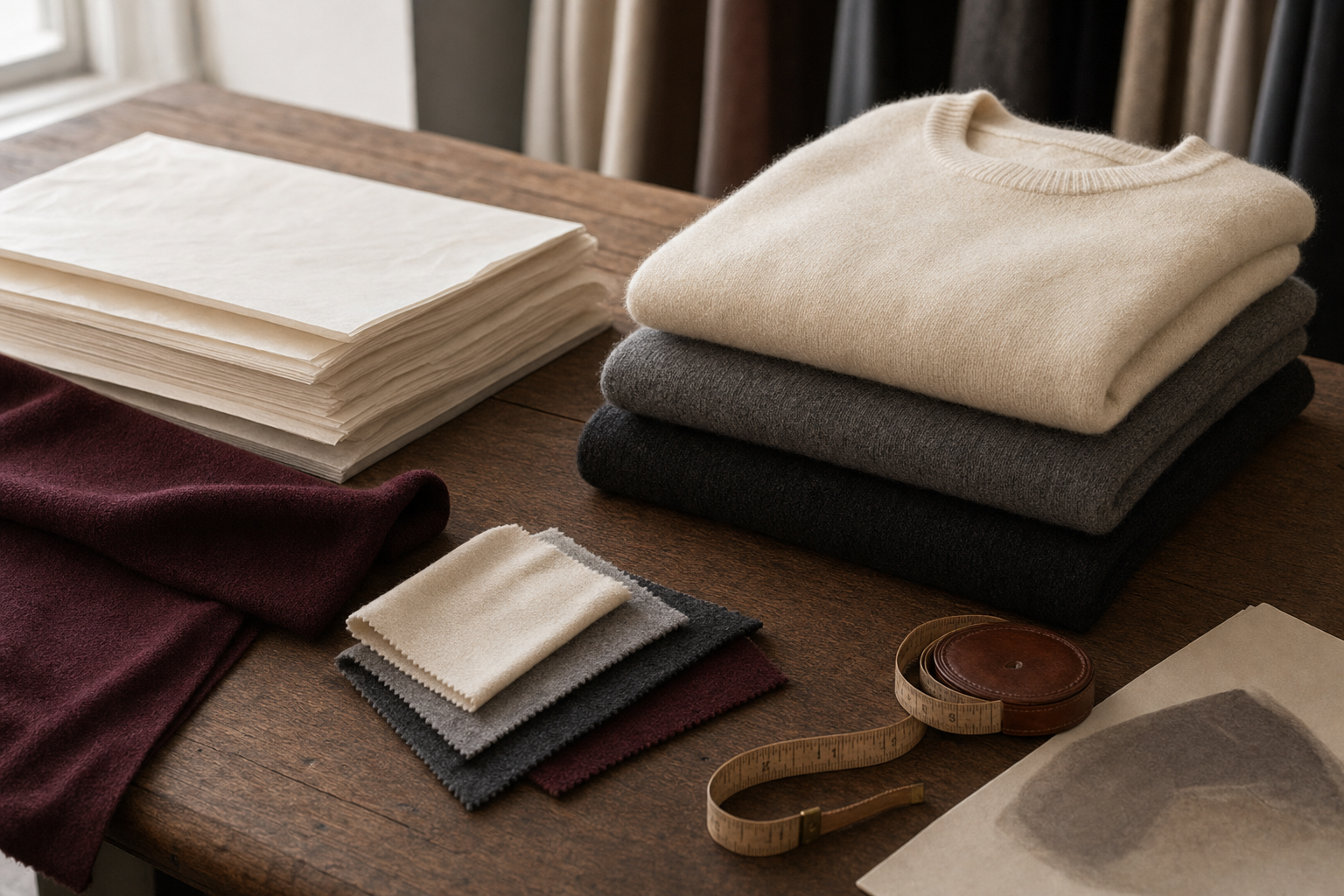 Folded knitwear, fabric swatches and a tape measure on a wooden table