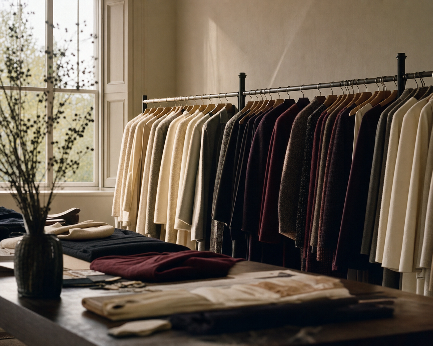 Rails of curated tailored coats and ready-to-wear in a quiet London showroom, arranged by tone